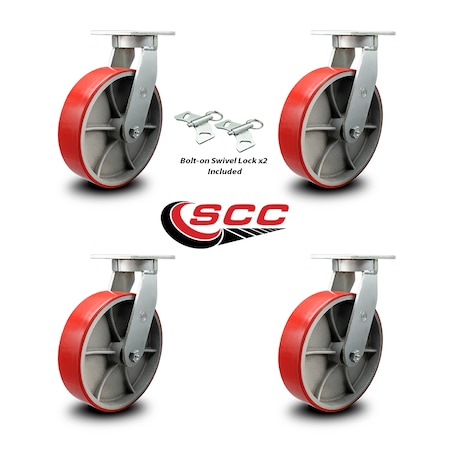 Service Caster 10 Inch Heavy Duty Red Poly on Cast Iron Swivel Caster Set with 2 Swivel Locks SCC-KP92S1030-PUR-RS-BSL-2-S-2